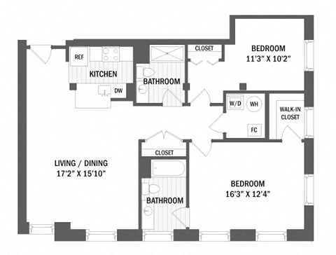 Floor plan for 2 beds, 2 baths, 1047 sqft